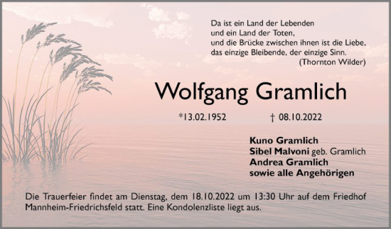 Traueranzeige von Wolfgang Gramlich von Mannheimer Morgen