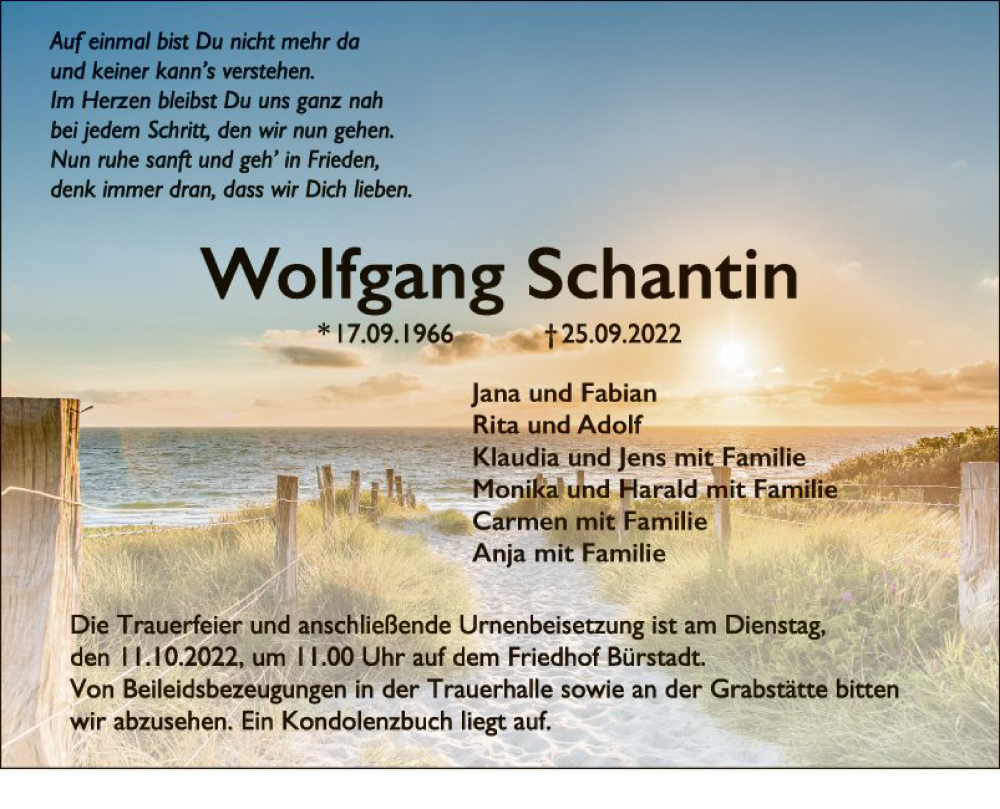  Traueranzeige für Wolfgang Schantin vom 05.10.2022 aus Bergsträßer Anzeiger