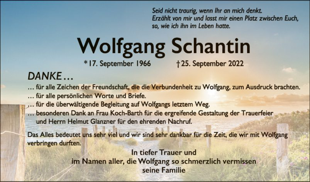  Traueranzeige für Wolfgang Schantin vom 22.10.2022 aus Bergsträßer Anzeiger