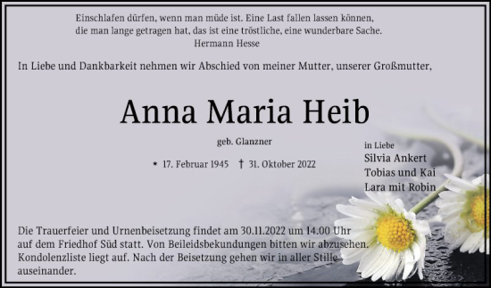 Traueranzeige von Anna Maria Heib von Bergsträßer Anzeiger