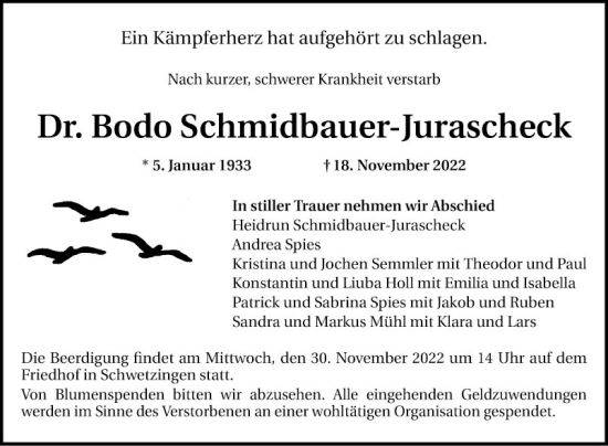 Traueranzeige von Bodo Schmidbauer-Jurascheck von Schwetzinger Zeitung