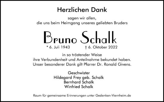 Traueranzeige von Bruno Schalk von Mannheimer Morgen