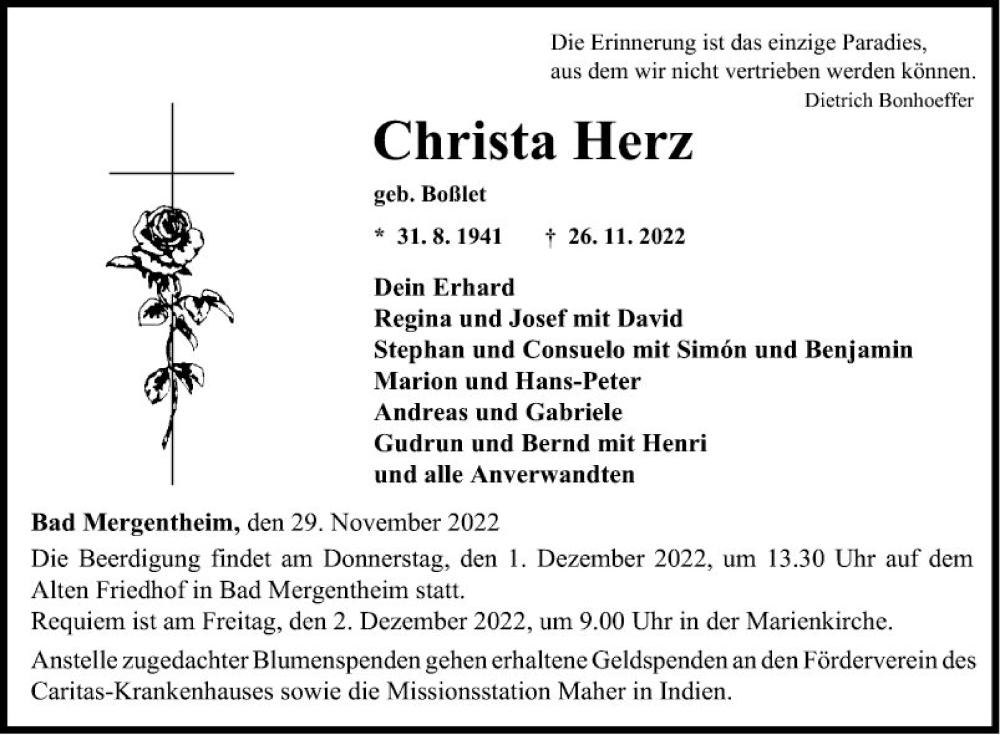  Traueranzeige für Christa Herz vom 29.11.2022 aus Fränkische Nachrichten