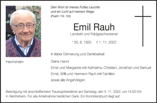 Traueranzeige von Emil Rauh von Fränkische Nachrichten