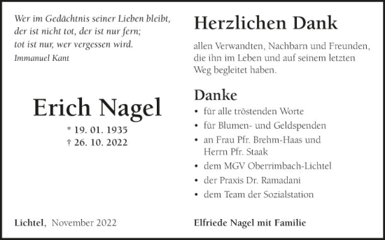 Traueranzeige von Erich Nagel von Fränkische Nachrichten