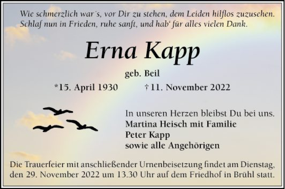  Traueranzeige für Erna Kapp vom 25.11.2022 aus Schwetzinger Zeitung