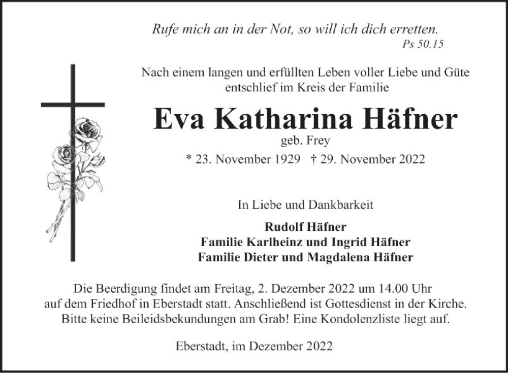  Traueranzeige für Eva Katharina Häfner vom 01.12.2022 aus Fränkische Nachrichten