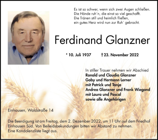 Traueranzeige von Ferdinand Glanzner von Bergsträßer Anzeiger