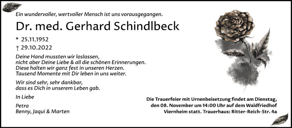  Traueranzeige für Gerhard Schindlbeck vom 05.11.2022 aus Mannheimer Morgen