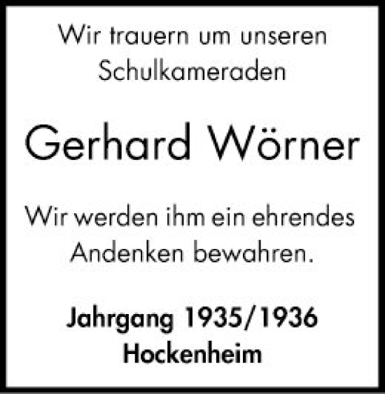 Traueranzeige von Gerhard Wörner von Schwetzinger Zeitung