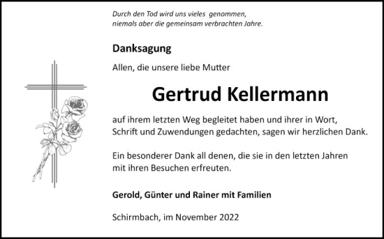 Traueranzeige von Gertrud Kellermann von Fränkische Nachrichten