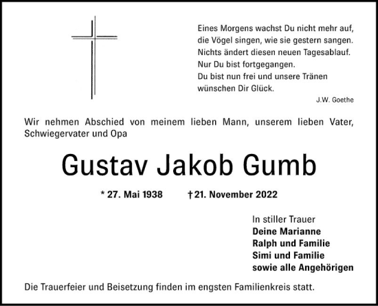 Traueranzeige von Gustav Jakob Gumb von Bergsträßer Anzeiger