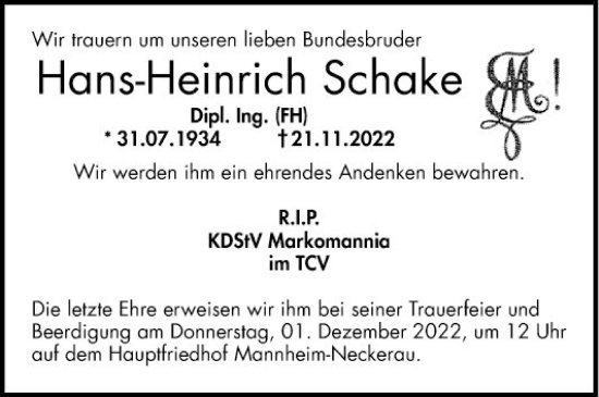 Traueranzeige von Hans-Heinrich Schake von Mannheimer Morgen