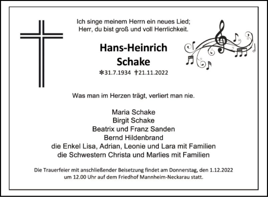 Traueranzeige von Hans-Heinrich Schake von Mannheimer Morgen