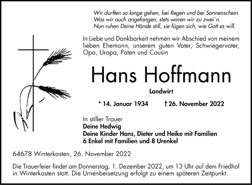  Traueranzeige für Hans Hoffmann vom 29.11.2022 aus Bergsträßer Anzeiger
