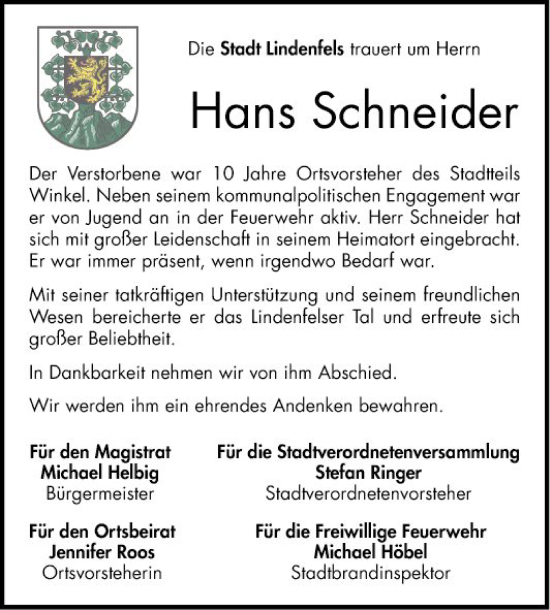 Traueranzeige von Hans Schneider von Bergsträßer Anzeiger
