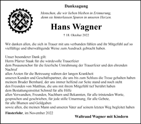 Traueranzeige von Hans Wagner von Fränkische Nachrichten
