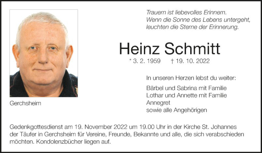  Traueranzeige für Heinz Schmitt vom 12.11.2022 aus Fränkische Nachrichten