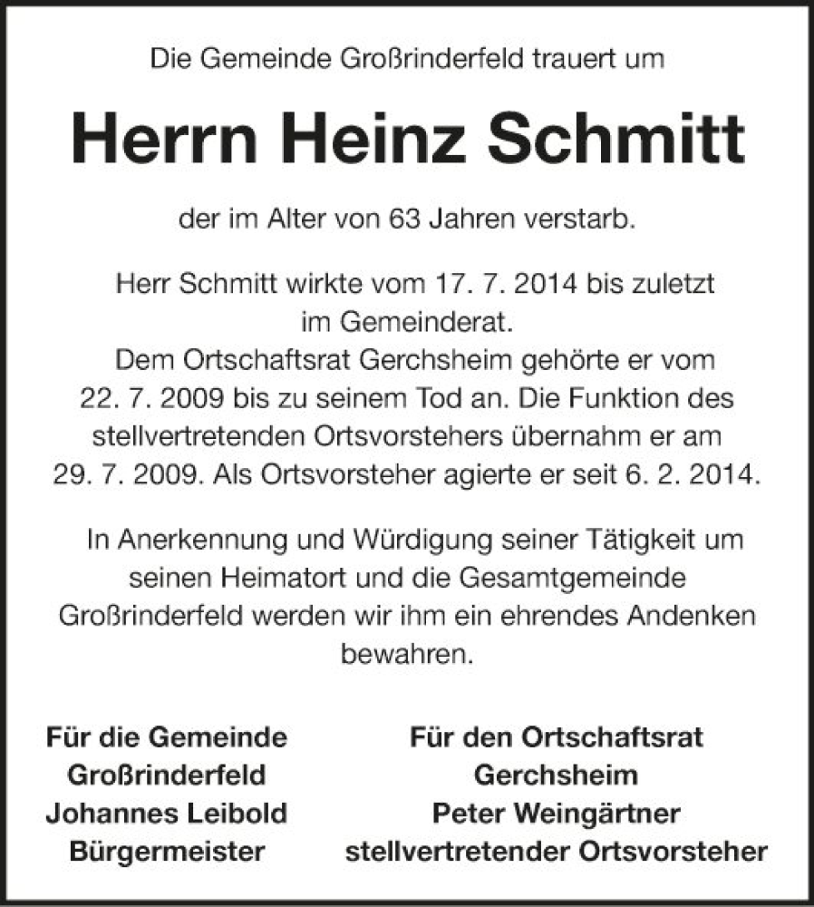  Traueranzeige für Heinz Schmitt vom 12.11.2022 aus Fränkische Nachrichten