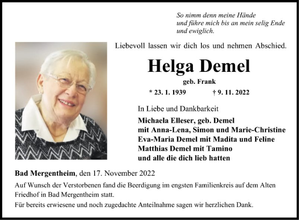  Traueranzeige für Helga Demel vom 17.11.2022 aus Fränkische Nachrichten