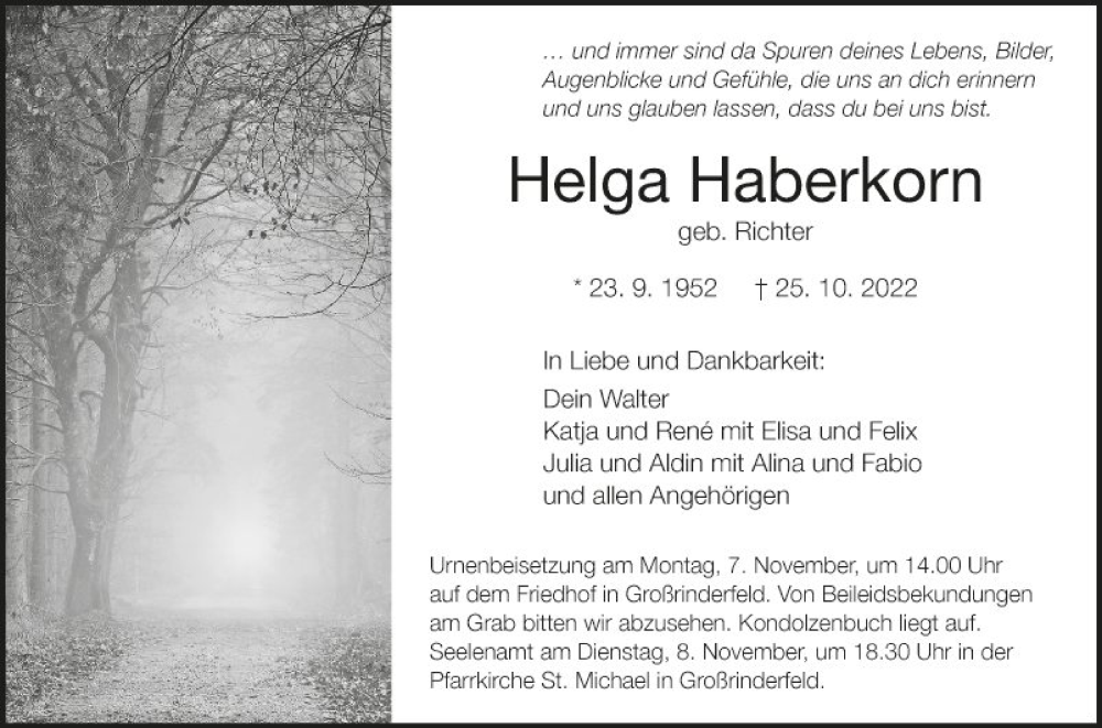  Traueranzeige für Helga Haberkorn vom 02.11.2022 aus Fränkische Nachrichten