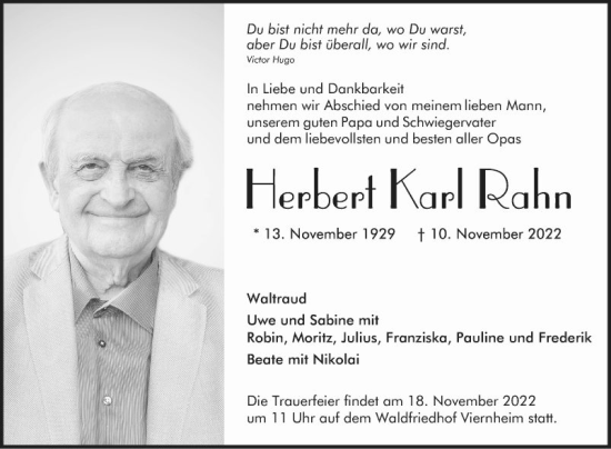 Traueranzeige von Herbert Karl Rahn von Mannheimer Morgen