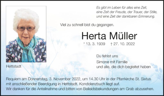 Traueranzeige von Herta Müller von Fränkische Nachrichten
