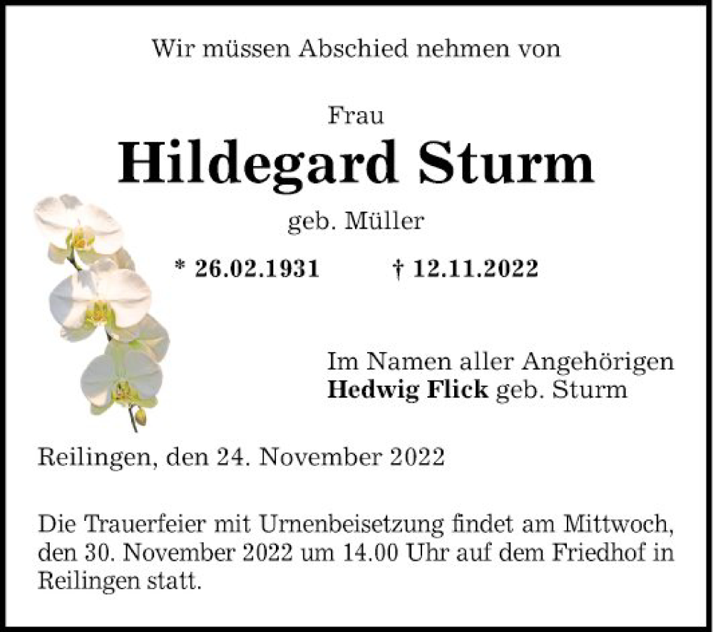  Traueranzeige für Hildegard Sturm vom 24.11.2022 aus Schwetzinger Zeitung