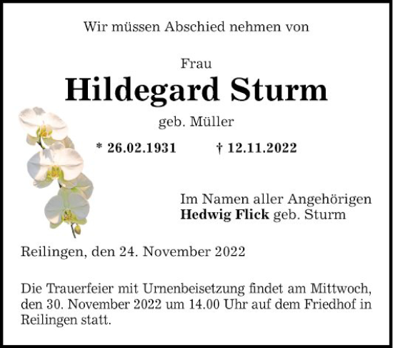 Traueranzeige von Hildegard Sturm von Schwetzinger Zeitung
