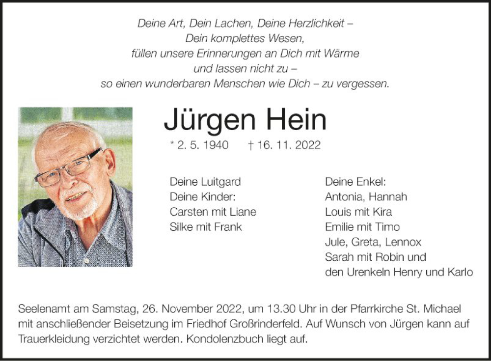  Traueranzeige für Jürgen Hein vom 23.11.2022 aus Fränkische Nachrichten