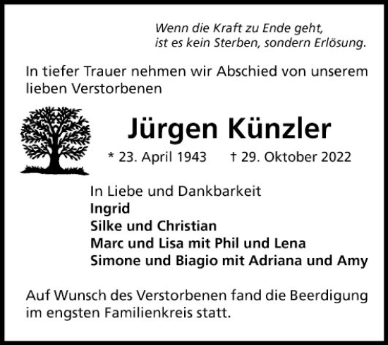 Traueranzeige von Jürgen Künzler von Mannheimer Morgen