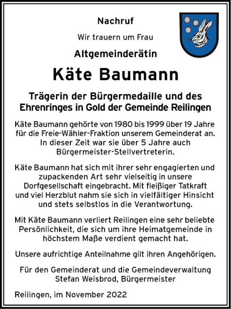  Traueranzeige für Käte Baumann vom 18.11.2022 aus Schwetzinger Zeitung
