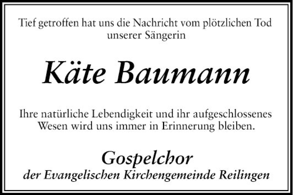  Traueranzeige für Käte Baumann vom 21.11.2022 aus Schwetzinger Zeitung