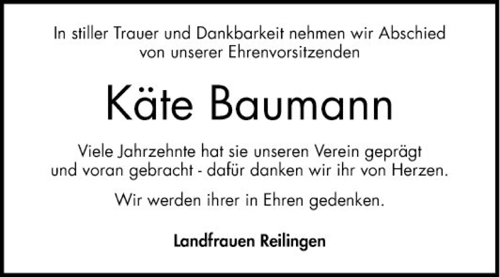  Traueranzeige für Käte Baumann vom 19.11.2022 aus Schwetzinger Zeitung