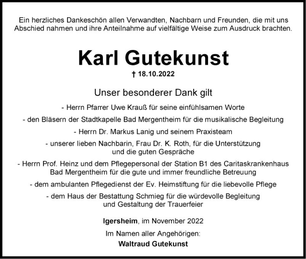  Traueranzeige für Karl Gutekunst vom 05.11.2022 aus Fränkische Nachrichten