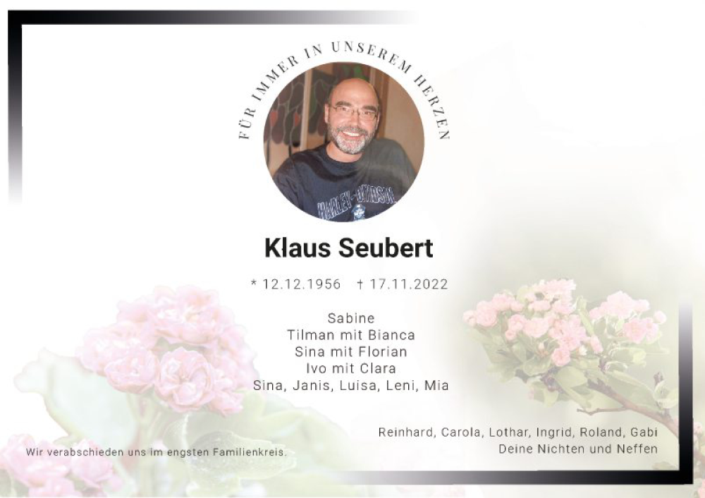  Traueranzeige für Klaus Seubert vom 19.11.2022 aus Fränkische Nachrichten