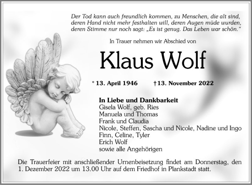  Traueranzeige für Klaus Wolf vom 26.11.2022 aus Schwetzinger Zeitung