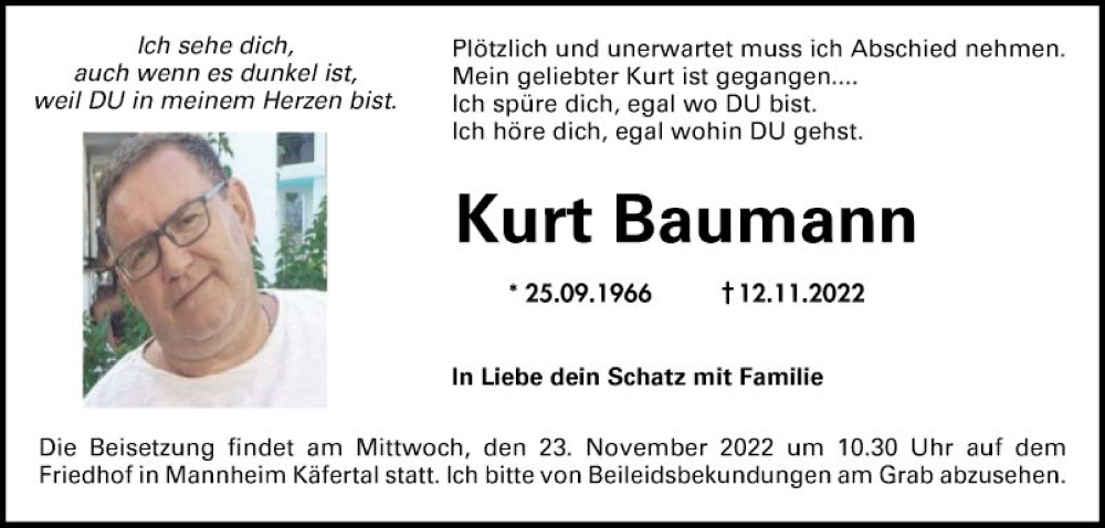  Traueranzeige für Kurt Baumann vom 19.11.2022 aus Mannheimer Morgen
