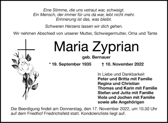 Traueranzeige von Maria Zyprian von Mannheimer Morgen