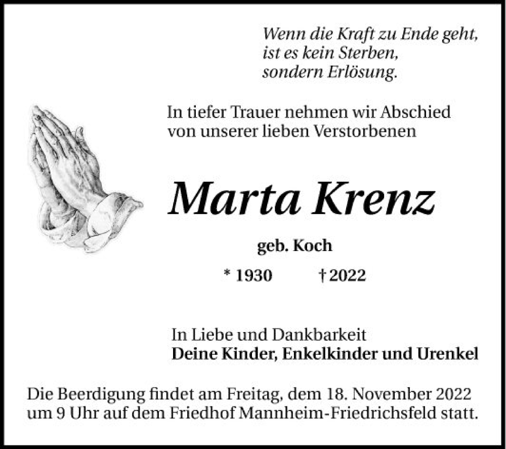  Traueranzeige für Marta Krenz vom 16.11.2022 aus Mannheimer Morgen