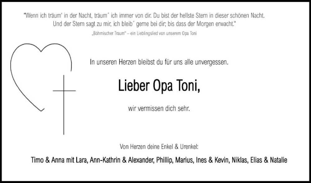  Traueranzeige für Opa Toni  vom 05.11.2022 aus Fränkische Nachrichten