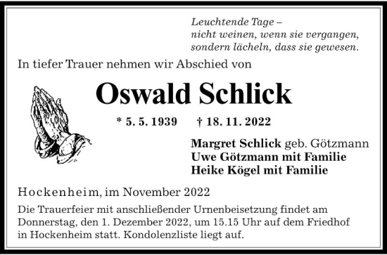 Traueranzeige von Oswald Schlick von Schwetzinger Zeitung