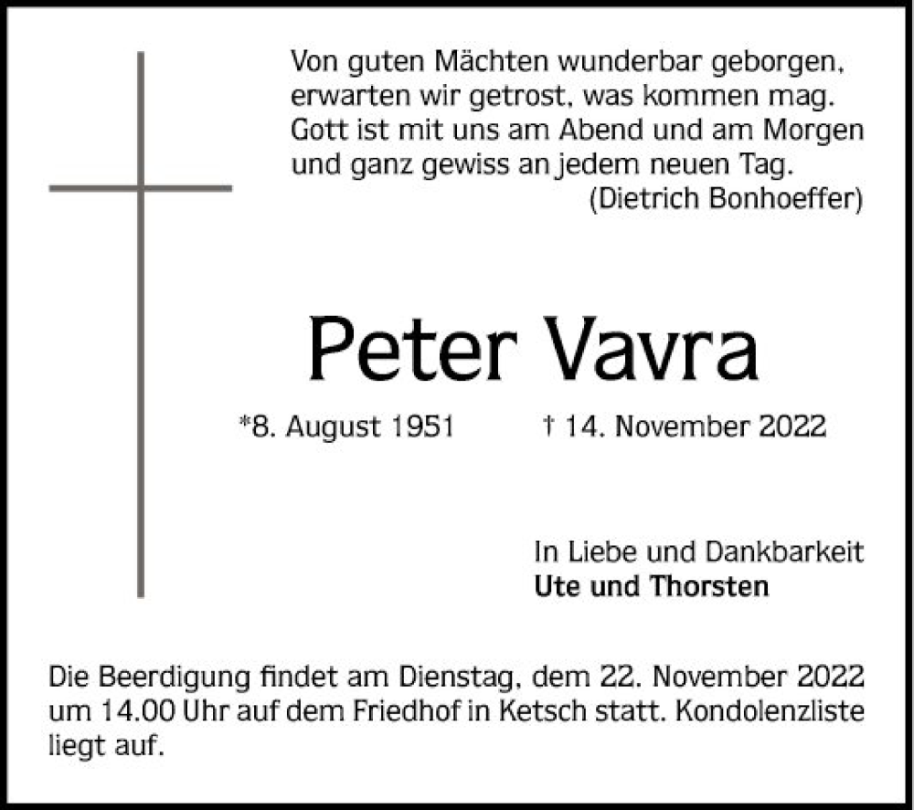  Traueranzeige für Peter Vavra vom 19.11.2022 aus Schwetzinger Zeitung