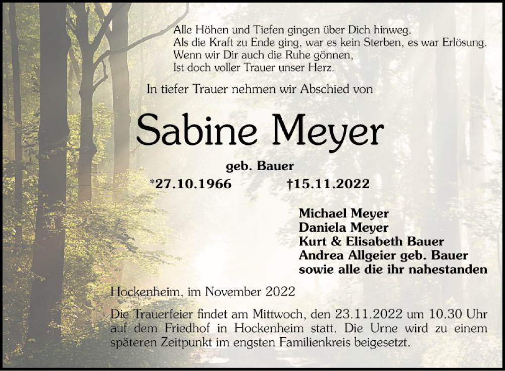  Traueranzeige für Sabine Meyer vom 19.11.2022 aus Schwetzinger Zeitung