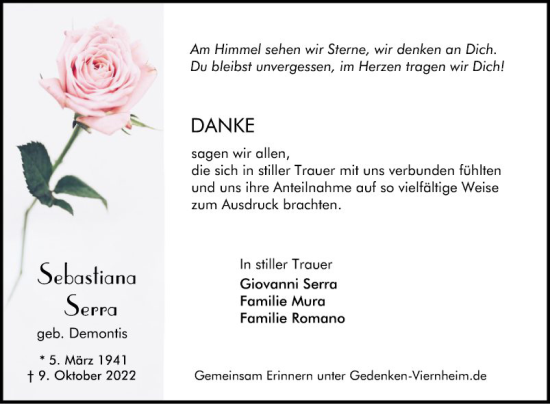 Traueranzeige von Sebastiana Serra von Mannheimer Morgen
