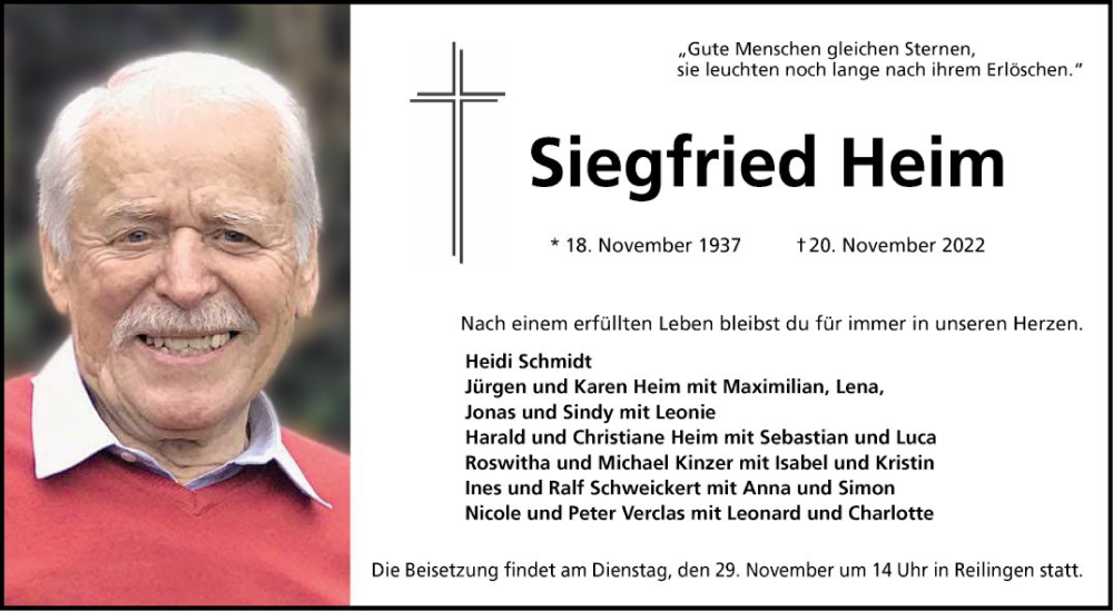  Traueranzeige für Siegfried Heim vom 25.11.2022 aus Schwetzinger Zeitung