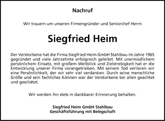 Traueranzeige von Siegfried Heim von Schwetzinger Zeitung