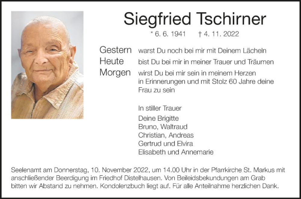  Traueranzeige für Siegfried Tschirner vom 09.11.2022 aus Fränkische Nachrichten