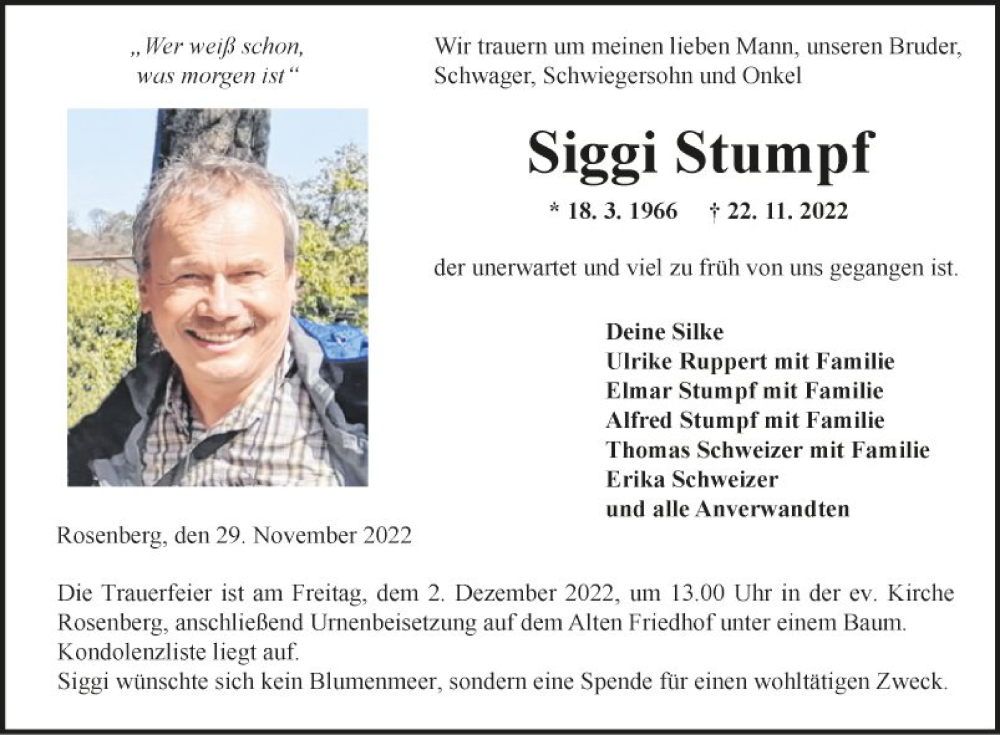  Traueranzeige für Siggi Stumpf vom 29.11.2022 aus Fränkische Nachrichten