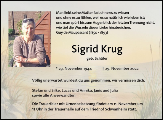 Traueranzeige von Sigrid Krug von Bergsträßer Anzeiger